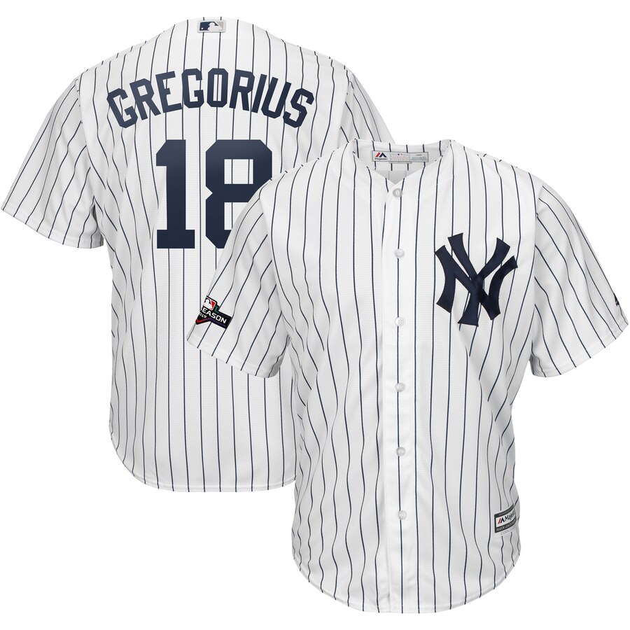 New York Yankees #18 Didi Gregorius Majestic 2019 Postseason Official Cool Base Player Jersey White Navy New York Yankees #18 Didi Gregorius Majestic 2019 Postseason Official Cool Base Player Jersey White Navy