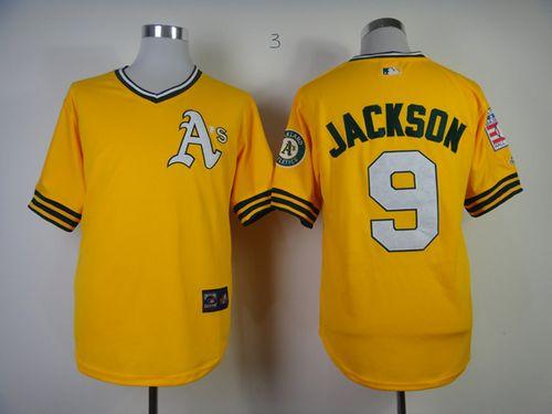 Mitchell And Ness Athletics #9 Reggie Jackson Yellow Throwback Stitched MLB Jersey Mitchell And Ness Athletics #9 Reggie Jackson Yellow Throwback Stitched MLB Jersey