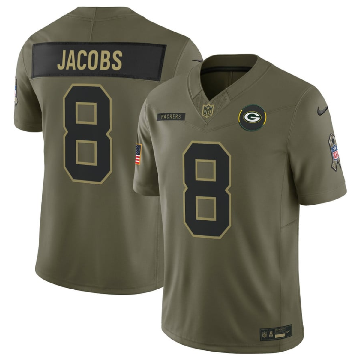 Men's Green Bay Packers #8 Josh Jacobs Olive 2025 F.U.S.E. Salute to Service Limited Stitched Football Jersey Men's Green Bay Packers #8 Josh Jacobs Olive 2025 F.U.S.E. Salute to Service Limited Stitched Football Jersey