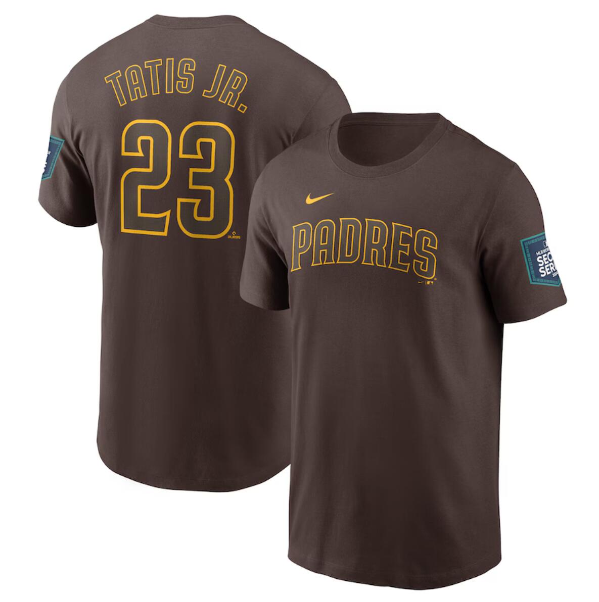 Men's San Diego Padres Fernando #23 Tatis Jr. Brown 2024 World Tour Seoul Series Name & Number T-Shirt Men's San Diego Padres Fernando #23 Tatis Jr. Brown 2024 World Tour Seoul Series Name & Number T-Shirt