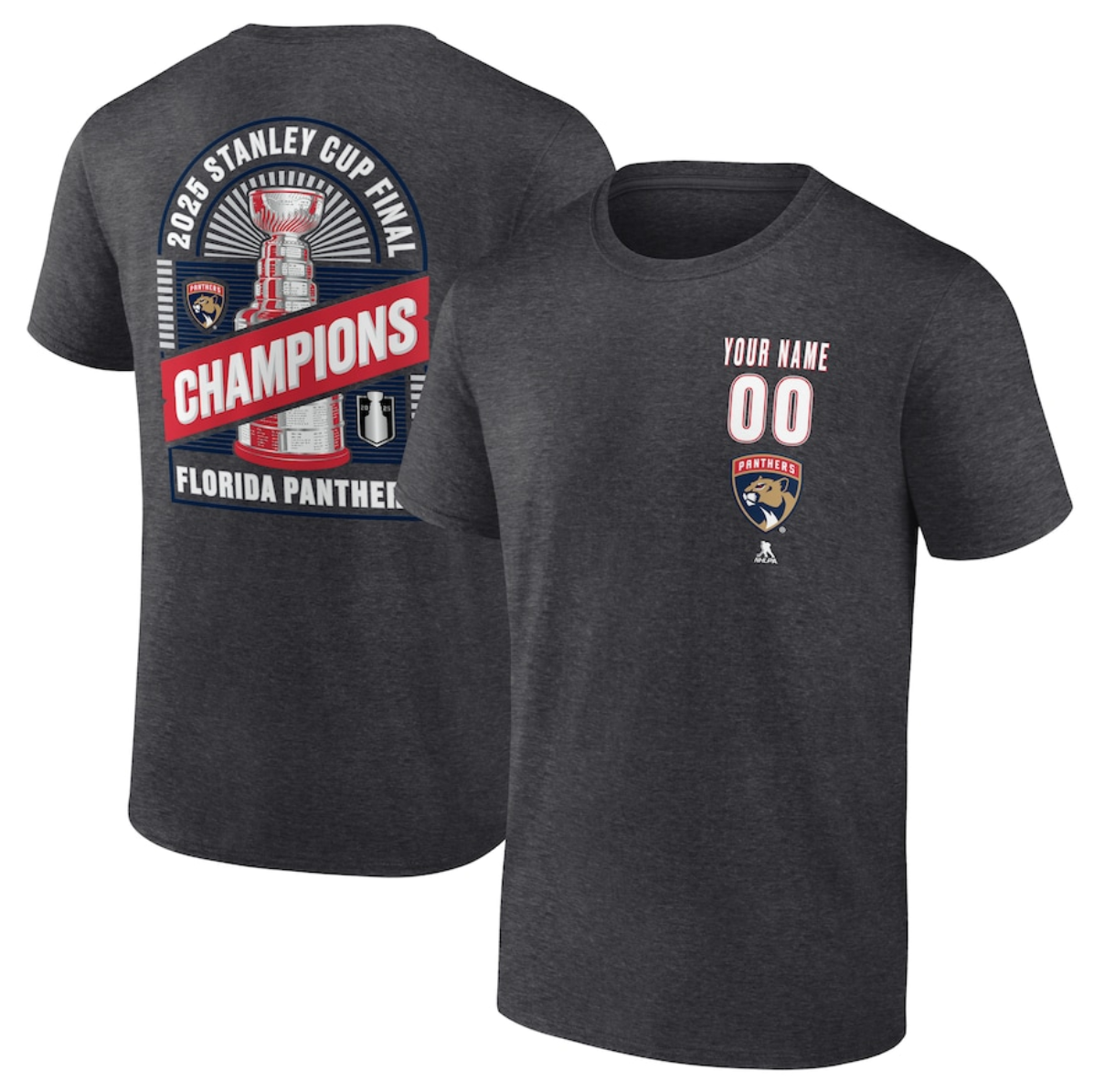 Men's Florida Panthers Custom Charcoal 2025 Stanley Cup Champions T-Shirt Men's Florida Panthers Custom Charcoal 2025 Stanley Cup Champions T-Shirt