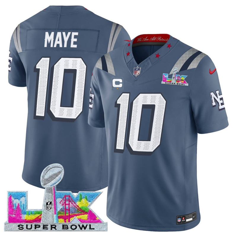 Men's New England Patriots #10 Drake Maye Storm Blue 2025 F.U.S.E. Super Bowl LX Patch And 1-Star C Patch “Rivalries” Vapor Limited Stitched Football Jersey Men's New England Patriots #10 Drake Maye Storm Blue 2025 F.U.S.E. Super Bowl LX Patch And 1-Star C Patch “Rivalries” Vapor Limited Stitched Football Jersey