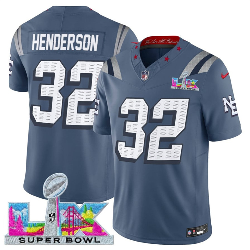 Men's New England Patriots #32 TreVeyon Henderson Storm Blue 2025 F.U.S.E. Super Bowl LX Patch “Rivalries” Vapor Limited Stitched Football Jersey