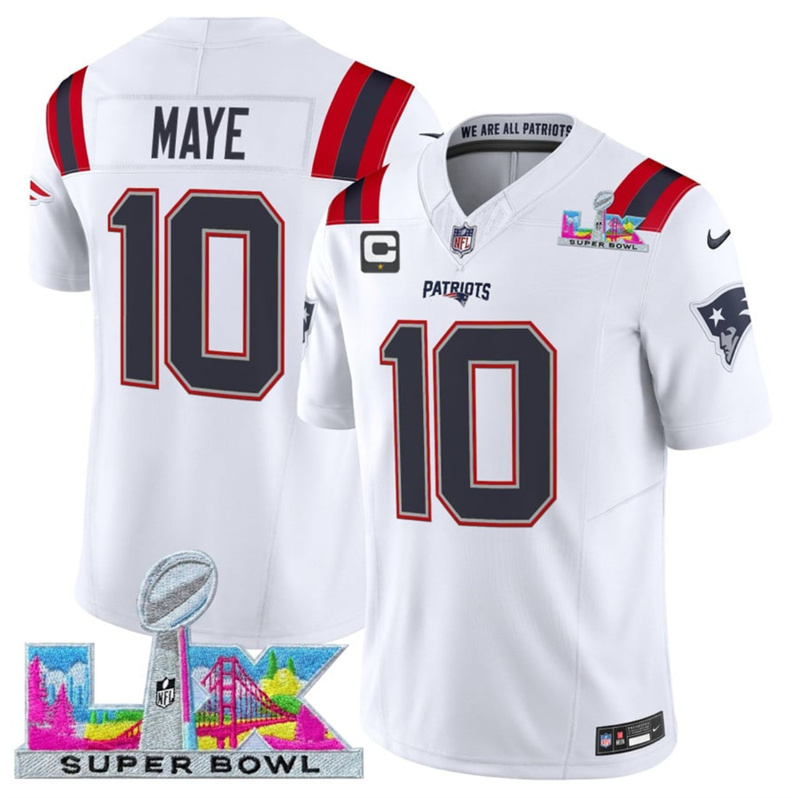 Men's New England Patriots #10 Drake Maye White 2025 F.U.S.E. Super Bowl LX Patch And 1-Star C Patch Vapor Limited Stitched Football Jersey