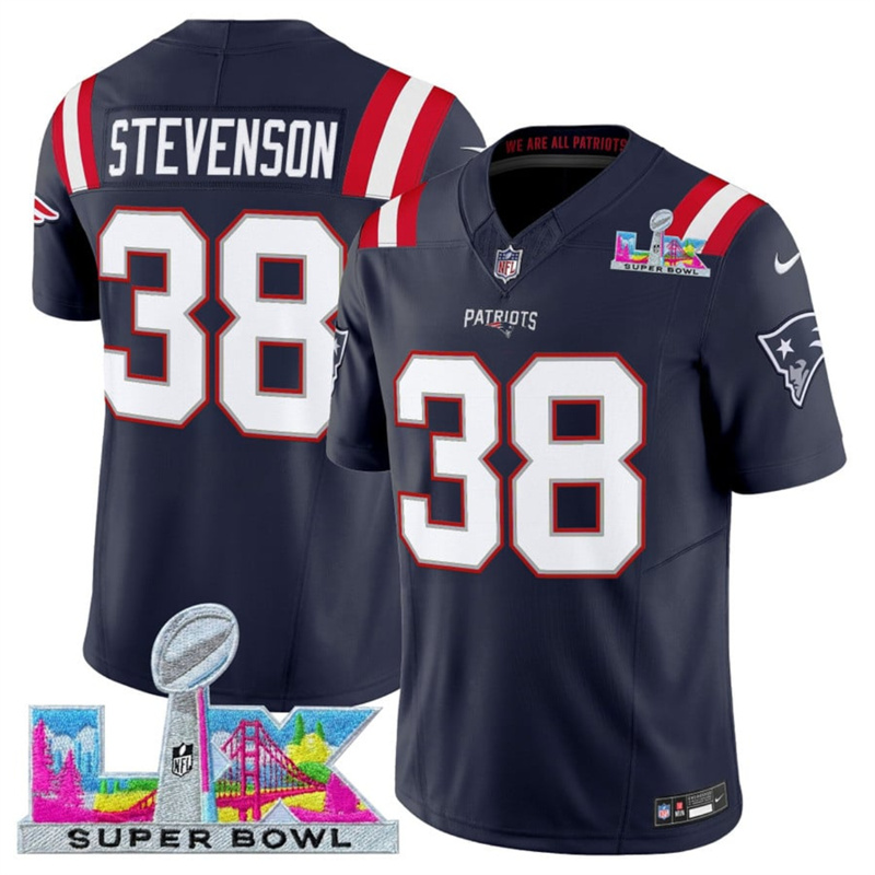 Men's New England Patriots #38 Rhamondre Stevenson Navy 2025 F.U.S.E. Super Bowl LX Patch Vapor Limited Stitched Football Jersey