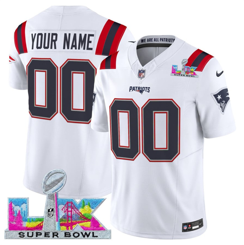 Men's New England Patriots Active Player Custom White 2025 F.U.S.E. Super Bowl LX Patch Vapor Limited Stitched Football Jersey
