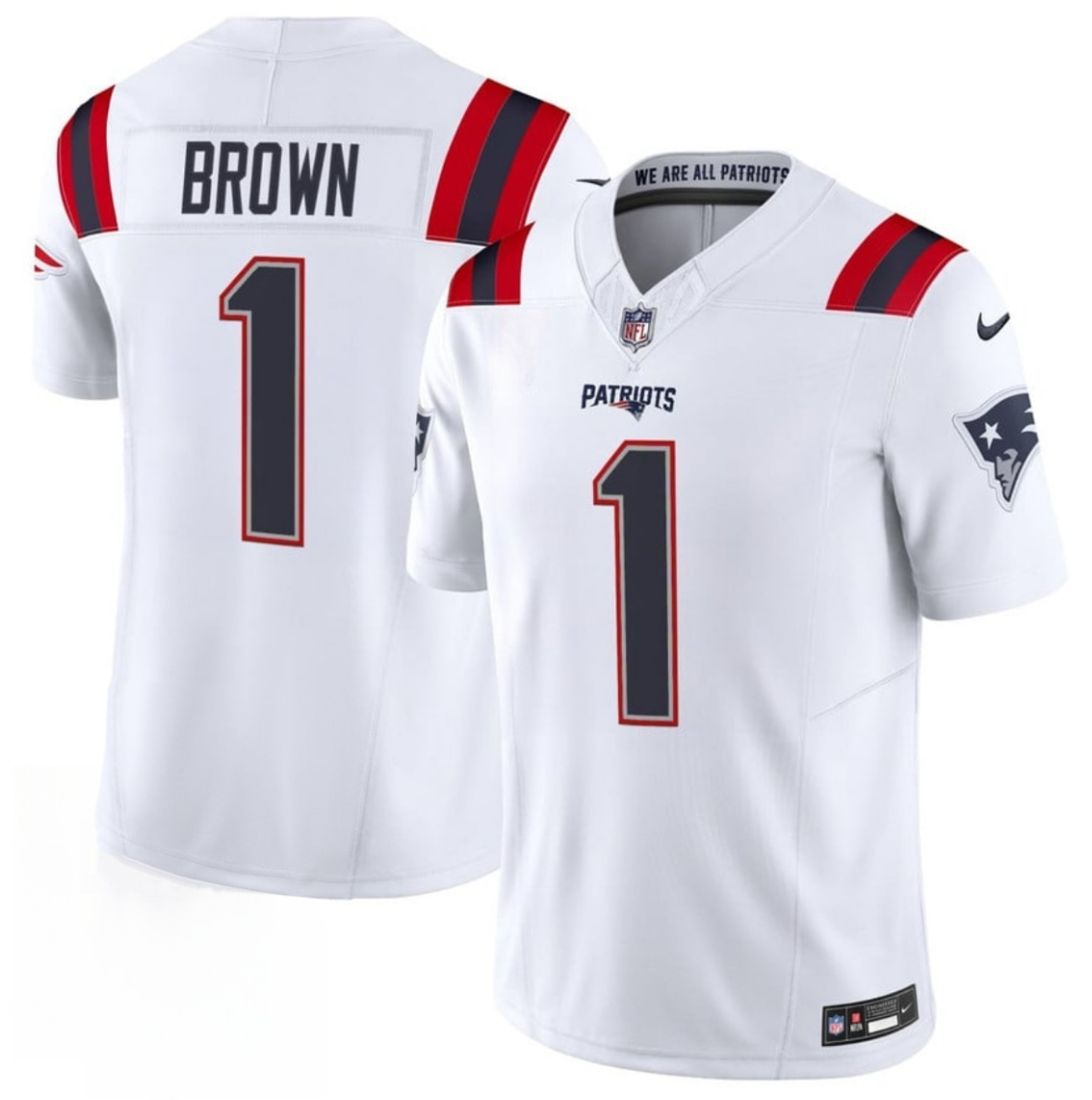 Men's New England Patriots #1 A.J. Brown White 2026 F.U.S.E. Vapor Limited Stitched Football Jersey Men's New England Patriots #1 A.J. Brown White 2026 F.U.S.E. Vapor Limited Stitched Football Jersey