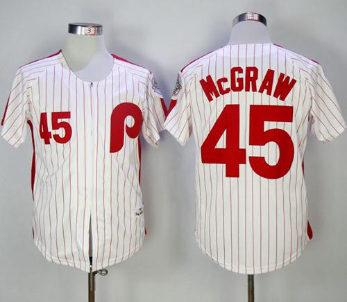 Mitchell and Ness 1983 Phillies #45 Tug Mcgraw White Red Strip Stitched Throwback MLB Jersey Mitchell and Ness 1983 Phillies #45 Tug Mcgraw White Red Strip Stitched Throwback MLB Jersey