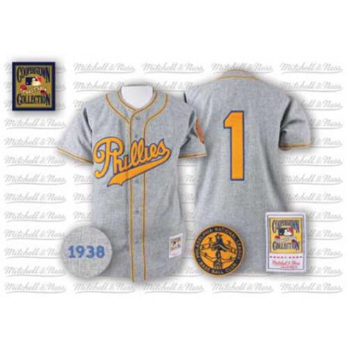 Mitchell And Ness 1938 Phillies #1 Chuck Klein Grey Throwback Stitched MLB Jersey Mitchell And Ness 1938 Phillies #1 Chuck Klein Grey Throwback Stitched MLB Jersey
