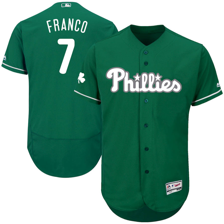 Philadelphia Phillies #7 Maikel Franco Majestic St. Patrick's Day Flex Base Authentic Collection Celtic Player Jersey Green Philadelphia Phillies #7 Maikel Franco Majestic St. Patrick's Day Flex Base Authentic Collection Celtic Player Jersey Green