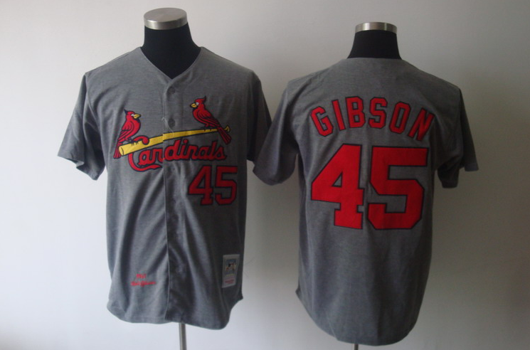 Cardinals #45 Bob Gibson Mitchell and Ness 1967 Stitched Grey Throwback MLB Jersey