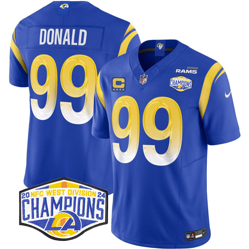 Men's Los Angeles Rams #99 Aaron Donald Blue 2024 NFC West Champions With 4-Star C Patch F.U.S.E. Vapor Untouchable Stitched Football Jersey Men's Los Angeles Rams #99 Aaron Donald Blue 2024 NFC West Champions With 4-Star C Patch F.U.S.E. Vapor Untouchable Stitched Football Jersey