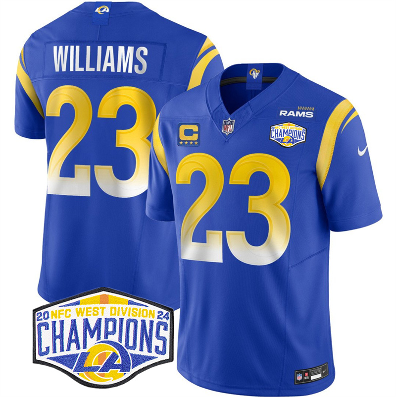 Men's Los Angeles Rams #23 Kyren Williams Blue 2024 NFC West Champions With 4-Star C Patch F.U.S.E. Vapor Untouchable Stitched Football Jersey Men's Los Angeles Rams #23 Kyren Williams Blue 2024 NFC West Champions With 4-Star C Patch F.U.S.E. Vapor Untouchable Stitched Football Jersey