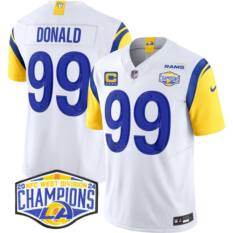 Men's Los Angeles Rams #99 Aaron Donald White 2024 NFC West Champions With 4-Star C Patch F.U.S.E. Vapor Untouchable Stitched Football Jersey Men's Los Angeles Rams #99 Aaron Donald White 2024 NFC West Champions With 4-Star C Patch F.U.S.E. Vapor Untouchable Stitched Football Jersey