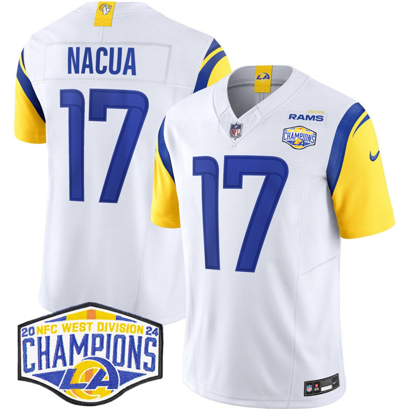 Men's Los Angeles Rams #17 Puka Nacua White 2024 NFC West Champions F.U.S.E. Vapor Untouchable Stitched Football Jersey Men's Los Angeles Rams #17 Puka Nacua White 2024 NFC West Champions F.U.S.E. Vapor Untouchable Stitched Football Jersey