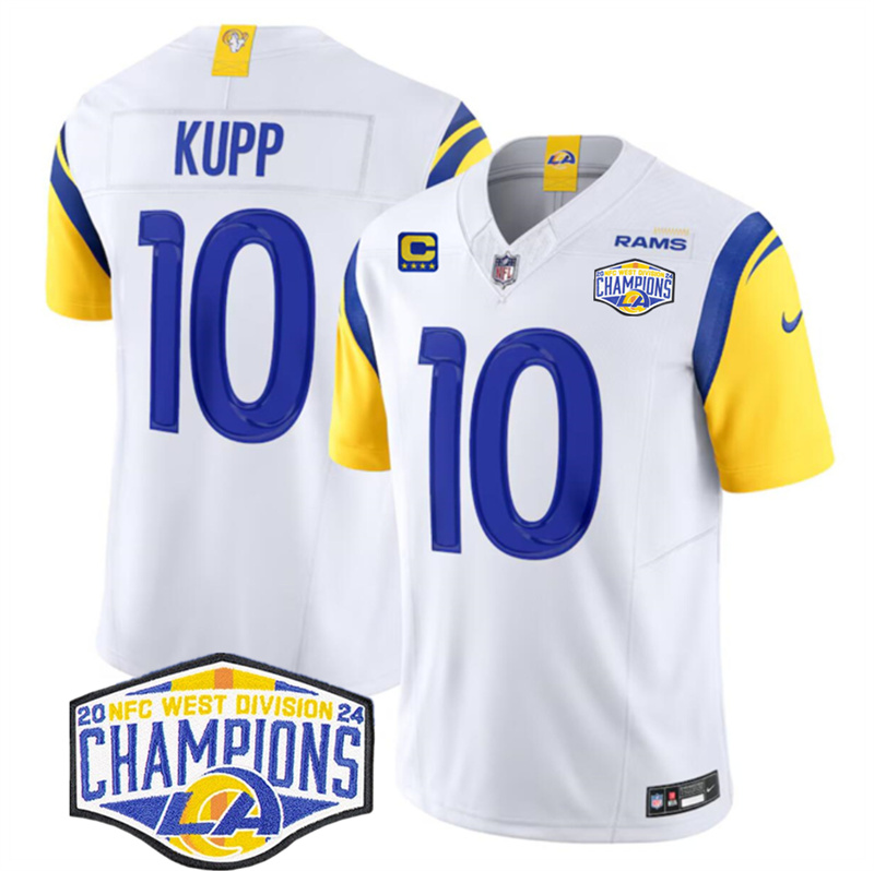 Men's Los Angeles Rams #10 Cooper Kupp White 2024 NFC West Champions With 4-Star C Patch F.U.S.E. Vapor Untouchable Stitched Football Jersey Men's Los Angeles Rams #10 Cooper Kupp White 2024 NFC West Champions With 4-Star C Patch F.U.S.E. Vapor Untouchable Stitched Football Jersey