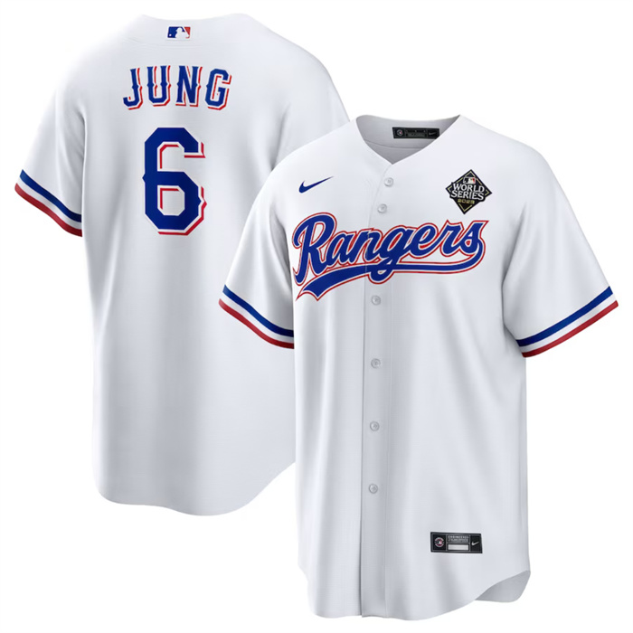 Men's Texas Rangers #6 Josh Jung 2023 White World Series Stitched Baseball Jersey Men's Texas Rangers #6 Josh Jung 2023 White World Series Stitched Baseball Jersey