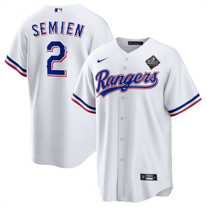 Men's Texas Rangers #2 Marcus Semien 2023 White World Series Stitched Baseball Jersey Men's Texas Rangers #2 Marcus Semien 2023 White World Series Stitched Baseball Jersey