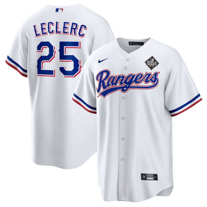 Men's Texas Rangers #25 José Leclerc White 2023 World Series Stitched Baseball Jersey Men's Texas Rangers #25 José Leclerc White 2023 World Series Stitched Baseball Jersey
