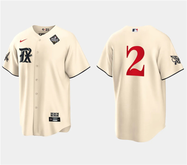 Men's Texas Rangers #2 Marcus Semien Cream 2023 World Series City Connect Stitched Baseball Jersey Men's Texas Rangers #2 Marcus Semien Cream 2023 World Series City Connect Stitched Baseball Jersey