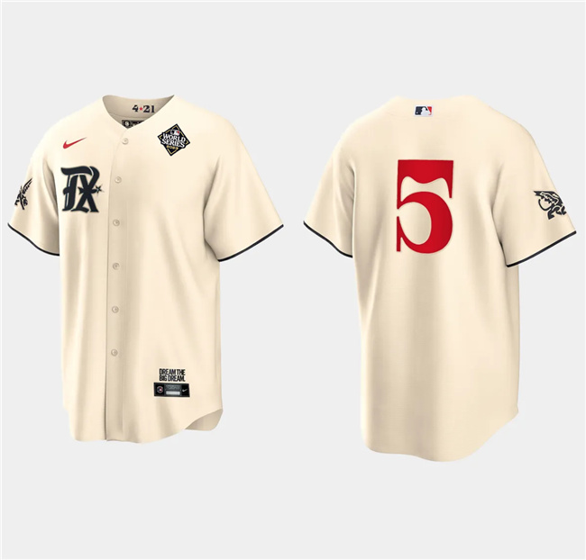 Men's Texas Rangers #5 Corey Seager Cream 2023 World Series City Connect Stitched Baseball Jersey Men's Texas Rangers #5 Corey Seager Cream 2023 World Series City Connect Stitched Baseball Jersey