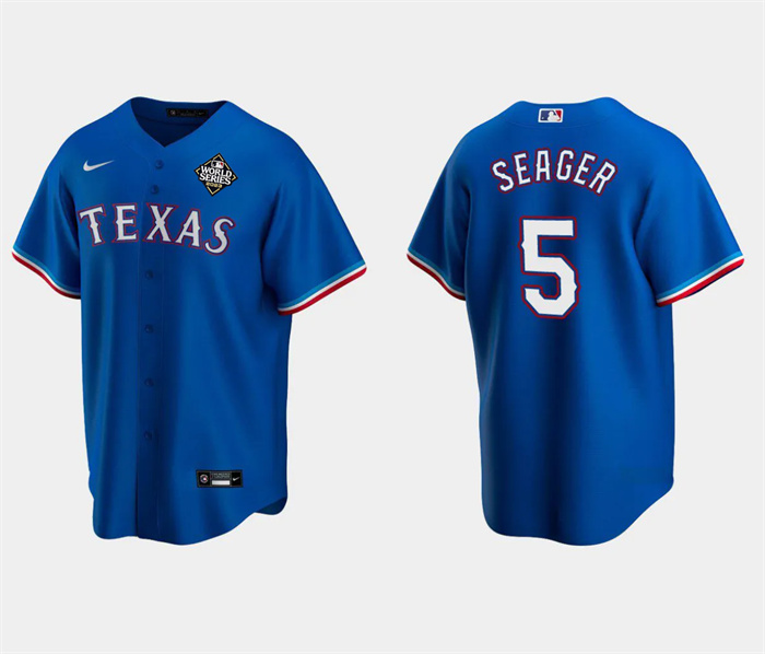 Men's Texas Rangers #5 Corey Seager Royal 2023 World Series Stitched Baseball Jersey Men's Texas Rangers #5 Corey Seager Royal 2023 World Series Stitched Baseball Jersey