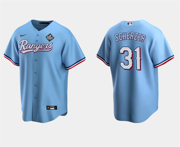 Men's Texas Rangers #31 Max Scherzer Blue 2023 World Series Stitched Baseball Jersey Men's Texas Rangers #31 Max Scherzer Blue 2023 World Series Stitched Baseball Jersey