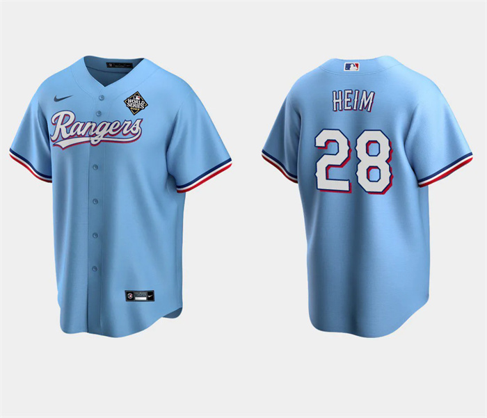 Men's Texas Rangers #28 Jonah Heim Blue 2023 World Series Stitched Baseball Jersey Men's Texas Rangers #28 Jonah Heim Blue 2023 World Series Stitched Baseball Jersey