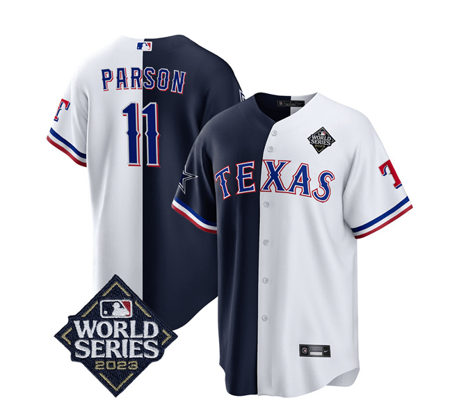 Men's Dallas Cowboys & Texas Rangers #11 Micah Parsons Navy/White Splite 2023 World Series Splite Stitched Baseball Jersey Men's Dallas Cowboys & Texas Rangers #11 Micah Parsons Navy/White Splite 2023 World Series Splite Stitched Baseball Jersey