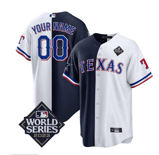 Men's Dallas Cowboys & Texas Rangers Active Player Custom Navy/White Splite 2023 World Series Splite Stitched Baseball Jersey Men's Dallas Cowboys & Texas Rangers Active Player Custom Navy/White Splite 2023 World Series Splite Stitched Baseball Jersey