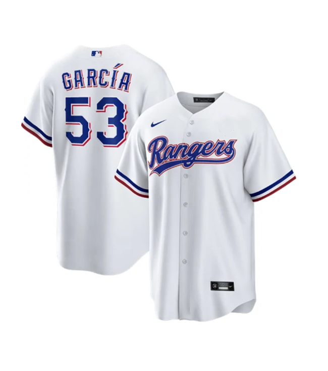 Men's Texas Rangers #53 Adolis Garcia White Cool Base Stitched Baseball Jersey Men's Texas Rangers #53 Adolis Garcia White Cool Base Stitched Baseball Jersey