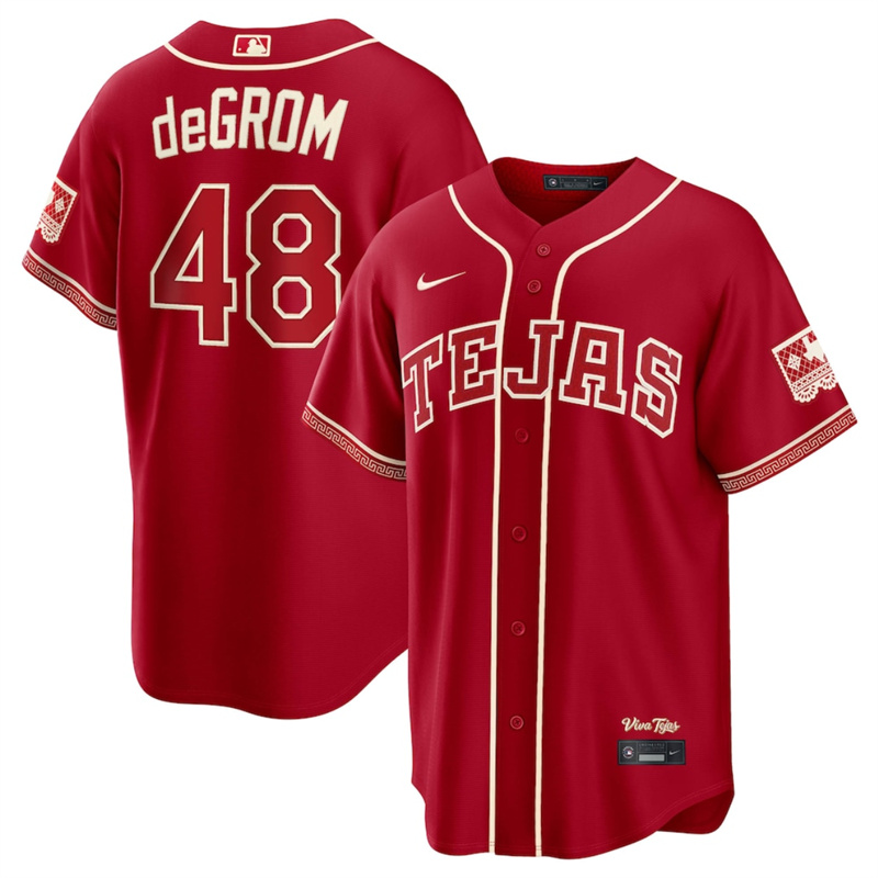 Men's Texas Rangers #48 Jacob deGrom Red 2026 City Connect Stadium Stitched Baseball Jersey Men's Texas Rangers #48 Jacob deGrom Red 2026 City Connect Stadium Stitched Baseball Jersey