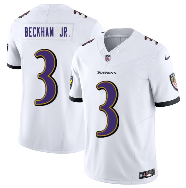 Men's Baltimore Ravens #3 Odell Beckham Jr. White 2023 F.U.S.E. Vapor Untouchable Stitched Football Jersey Men's Baltimore Ravens #3 Odell Beckham Jr. White 2023 F.U.S.E. Vapor Untouchable Stitched Football Jersey