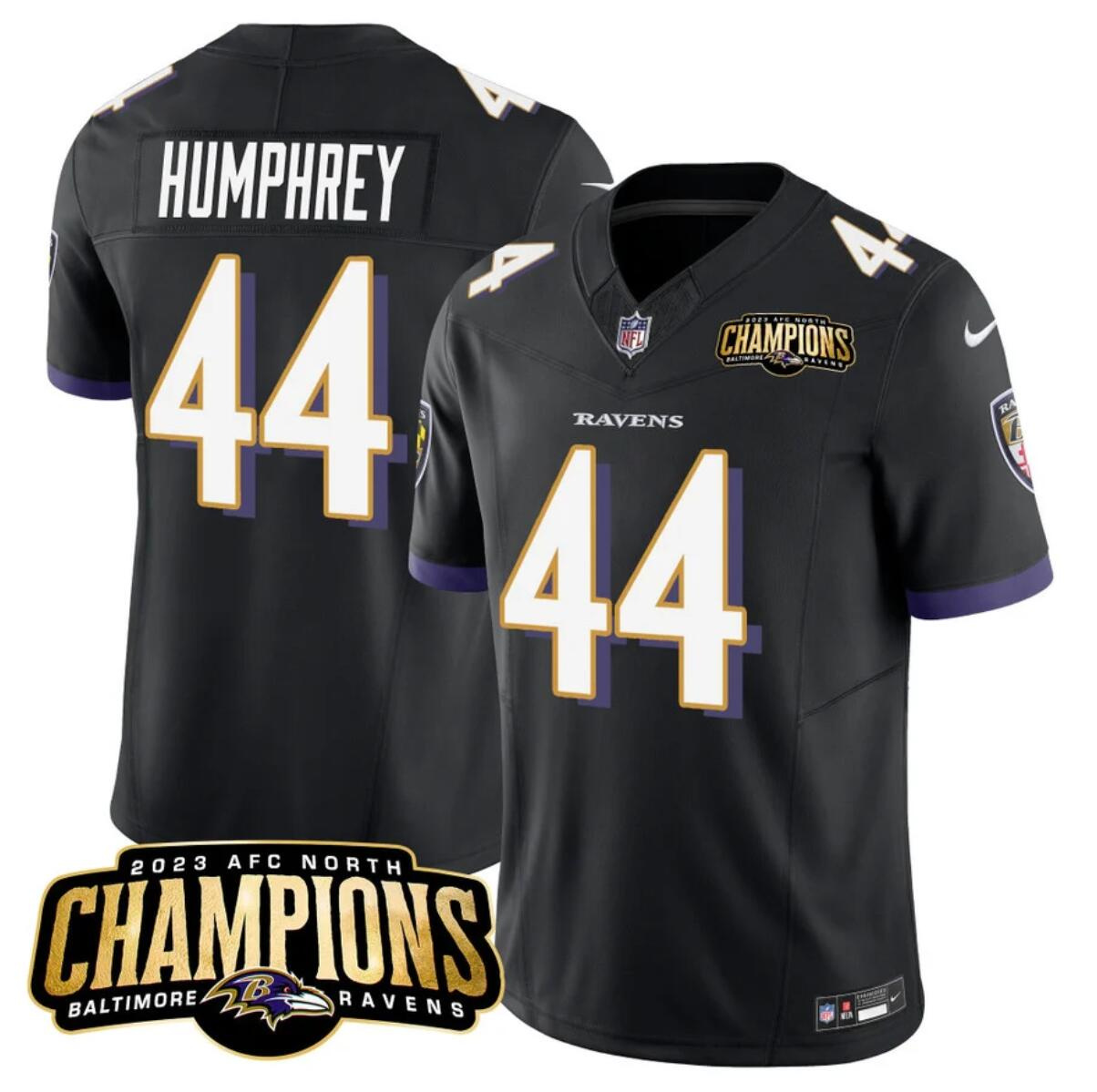 Men's Baltimore Ravens #44 Marlon Humphrey Black 2023 F.U.S.E. AFC North Champions Vapor Limited Football Jersey Men's Baltimore Ravens #44 Marlon Humphrey Black 2023 F.U.S.E. AFC North Champions Vapor Limited Football Jersey