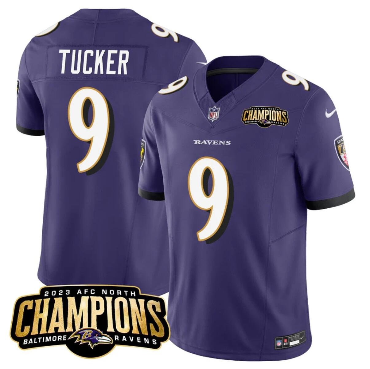 Men's Baltimore Ravens #9 Justin Tucker Purple 2023 F.U.S.E. AFC North Champions Vapor Limited Football Jersey Men's Baltimore Ravens #9 Justin Tucker Purple 2023 F.U.S.E. AFC North Champions Vapor Limited Football Jersey