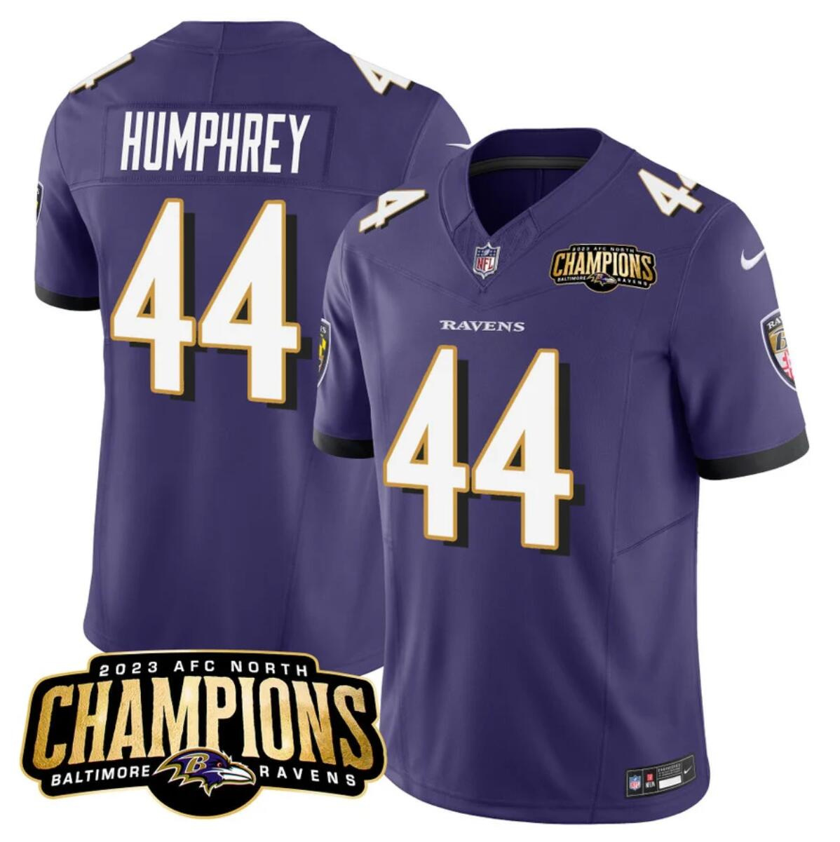 Men's Baltimore Ravens #44 Marlon Humphrey Purple 2023 F.U.S.E. AFC North Champions Vapor Limited Football Jersey Men's Baltimore Ravens #44 Marlon Humphrey Purple 2023 F.U.S.E. AFC North Champions Vapor Limited Football Jersey