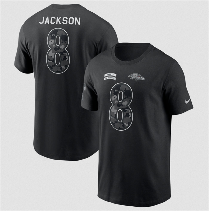 Men's Baltimore Ravens #8 Lamar Jackson Black 2026 Salute to Service Name & Number T-Shirt