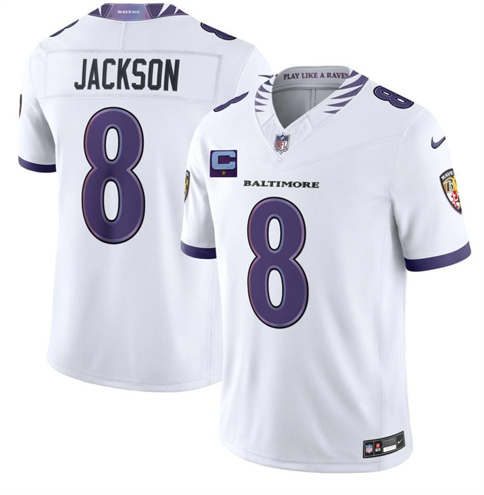 Men's Baltimore Ravens #8 Lamar Jackson White 2026 With 1-Star C Patch F.U.S.E. Vapor Stitched Limited Football Jersey