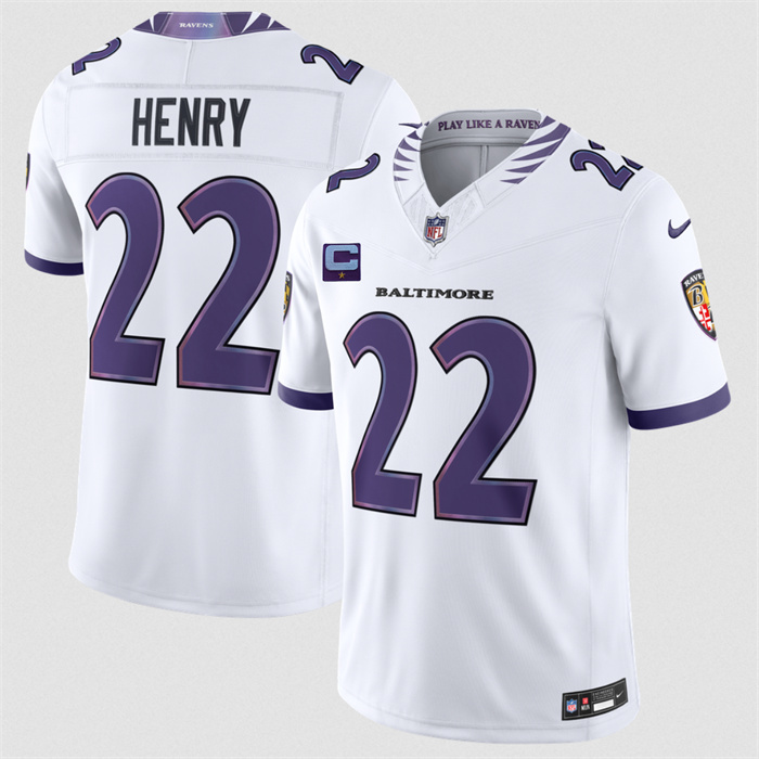 Men's Baltimore Ravens #22 Derrick Henry White 2026 With 1-Star C Patch F.U.S.E. Vapor Stitched Limited Football Jersey