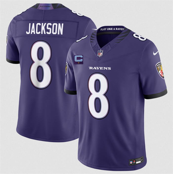Men's Baltimore Ravens #8 Lamar Jackson Purple 2026 With 1-Star C Patch F.U.S.E Vapor Stitched Limited Football Jersey