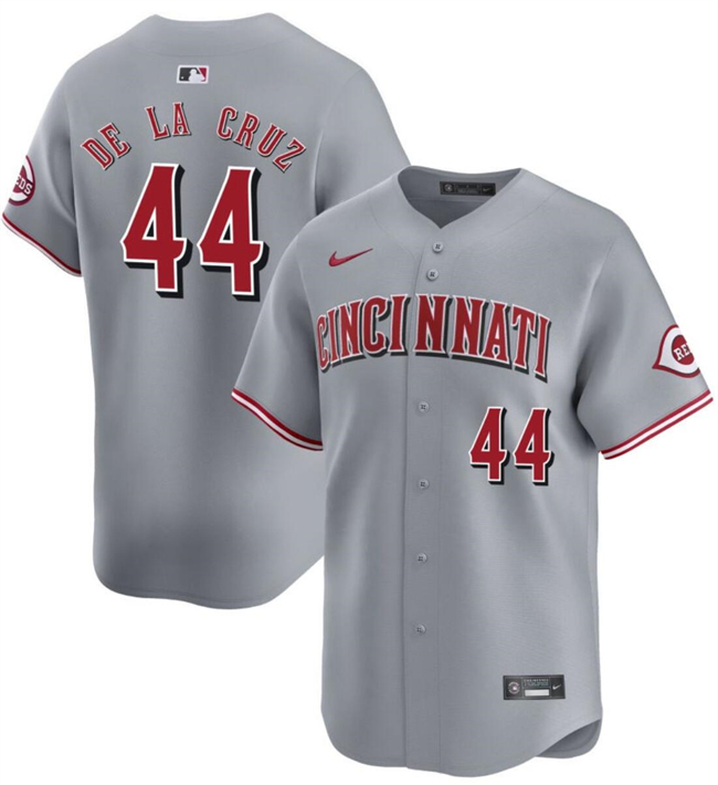 Men's Cincinnati Reds #44 Elly De La Cruz Grey Away Limited Stitched Baseball Jersey Men's Cincinnati Reds #44 Elly De La Cruz Grey Away Limited Stitched Baseball Jersey