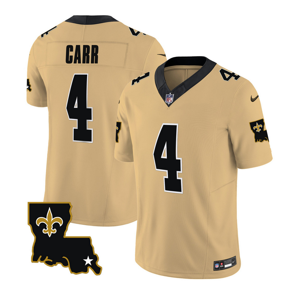 Men's New Orleans Saints #4 Derek Carr Gold 2023 F.U.S.E. 1987 Legacy Vapor Stitched Jersey Men's New Orleans Saints #4 Derek Carr Gold 2023 F.U.S.E. 1987 Legacy Vapor Stitched Jersey