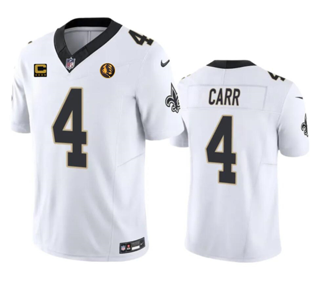 Men's New Orleans Saints #4 Derek Carr White 2023 F.U.S.E. With 4-star C Patch And John Madden Patch Vapor Limited Stitched Football Jersey Men's New Orleans Saints #4 Derek Carr White 2023 F.U.S.E. With 4-star C Patch And John Madden Patch Vapor Limited Stitched Football Jersey