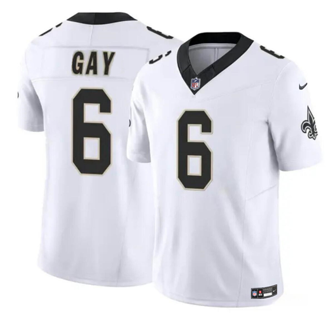 Men's New Orleans Saints #6 Willie Gay White 2023 F.U.S.E. Vapor Limited Stitched Football Jersey Men's New Orleans Saints #6 Willie Gay White 2023 F.U.S.E. Vapor Limited Stitched Football Jersey