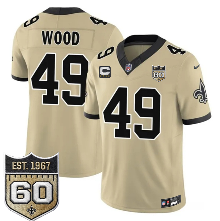Men's New Orleans Saints #49 Zach Wood Gold 2026 F.U.S.E With 4-Star C Patch And 60th Anniversary Patch Vapor Limited Football Stitched Jersey