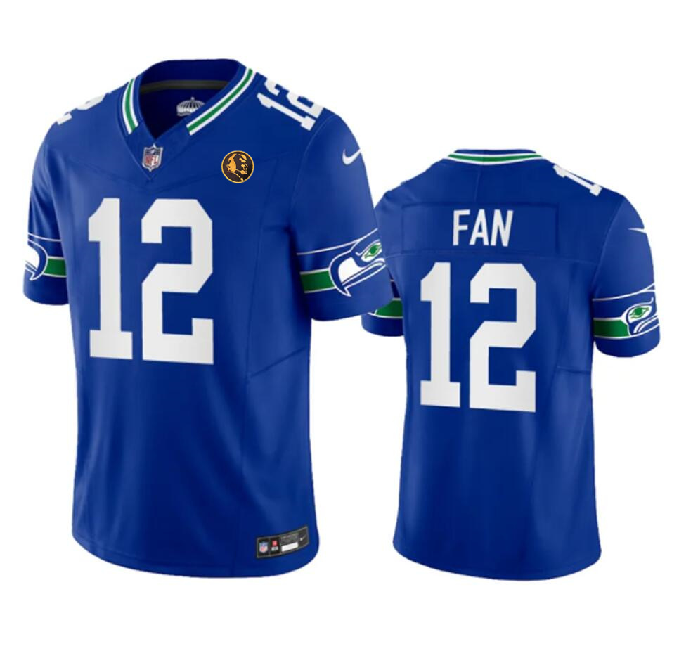 Men's Seattle Seahawks #12 Fan Royal 2023 F.U.S.E. Throwback With John Madden Patch Vapor Limited Stitched Football Jersey Men's Seattle Seahawks #12 Fan Royal 2023 F.U.S.E. Throwback With John Madden Patch Vapor Limited Stitched Football Jersey