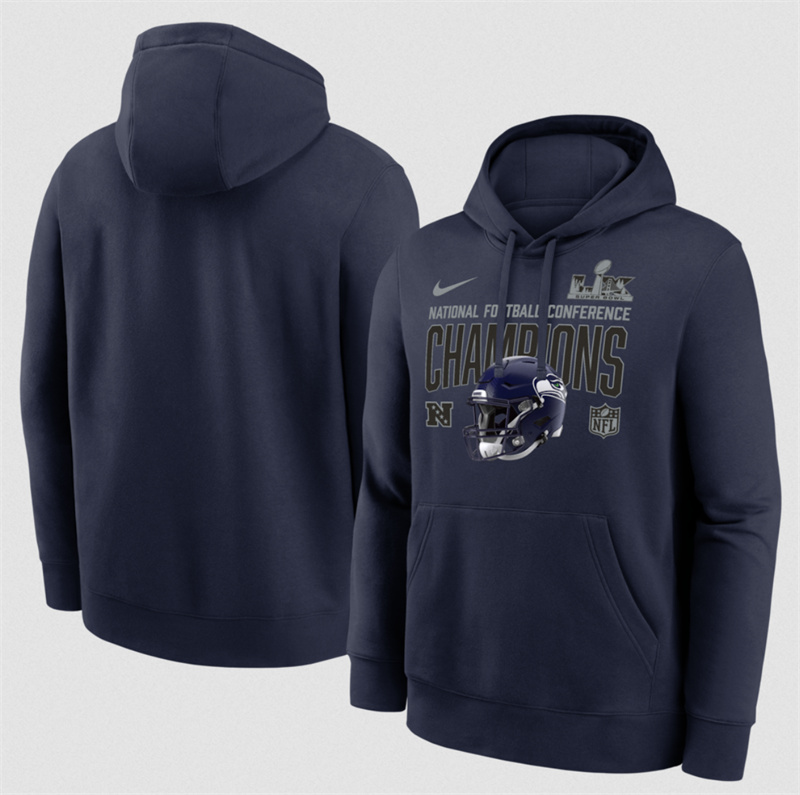 Men's Seattle Seahawks Navy 2025 NFC Champions Glory Shield Hoodie Men's Seattle Seahawks Navy 2025 NFC Champions Glory Shield Hoodie