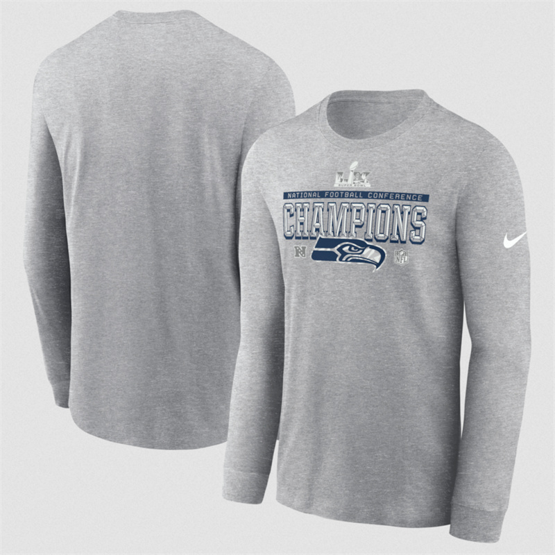 Men's Seattle Seahawks Heather Gray 2025 NFC Champions Locker Room Trophy Collection Long Sleeve T-Shirt Men's Seattle Seahawks Heather Gray 2025 NFC Champions Locker Room Trophy Collection Long Sleeve T-Shirt