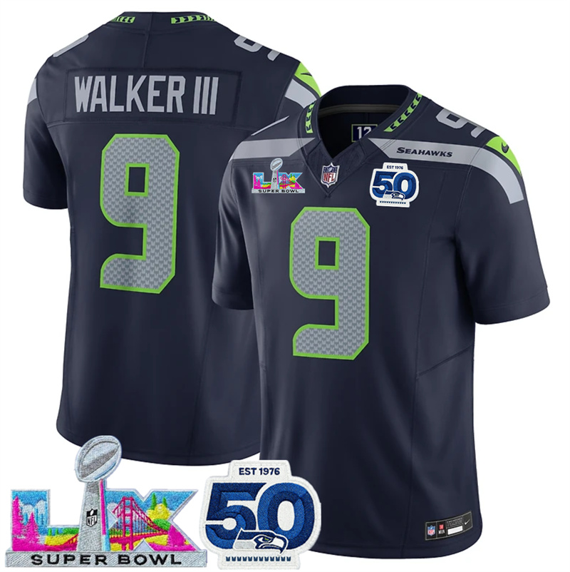 Men's Seattle Seahawks #9 Kenneth Walker III Navy 2025 F.U.S.E. Super Bowl LX Patch And 50th Season Patch Vapor Limited Stitched Football Jersey Men's Seattle Seahawks #9 Kenneth Walker III Navy 2025 F.U.S.E. Super Bowl LX Patch And 50th Season Patch Vapor Limited Stitched Football Jersey