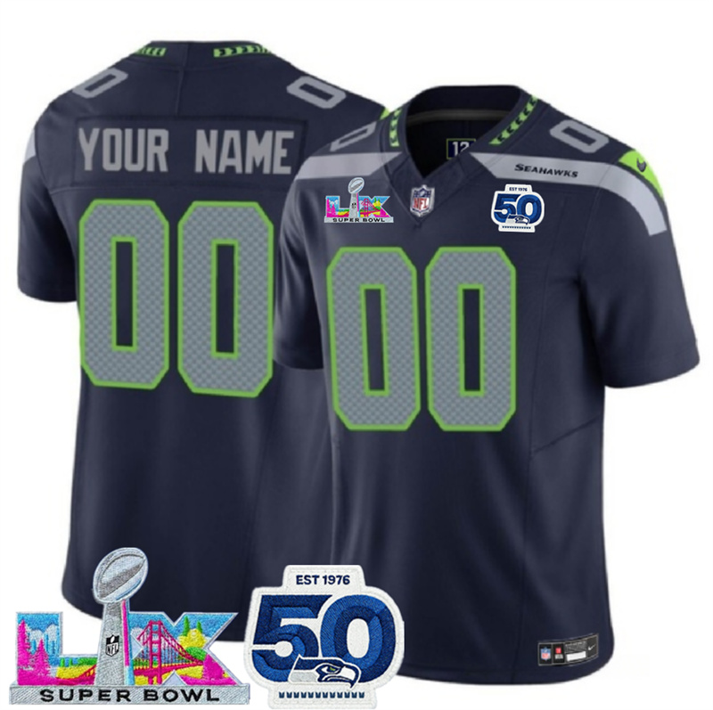 Men's Seattle Seahawks Active Player Custom Navy 2025 F.U.S.E. Super Bowl LX Patch And 50th Season Patch Vapor Limited Stitched Football Jerse